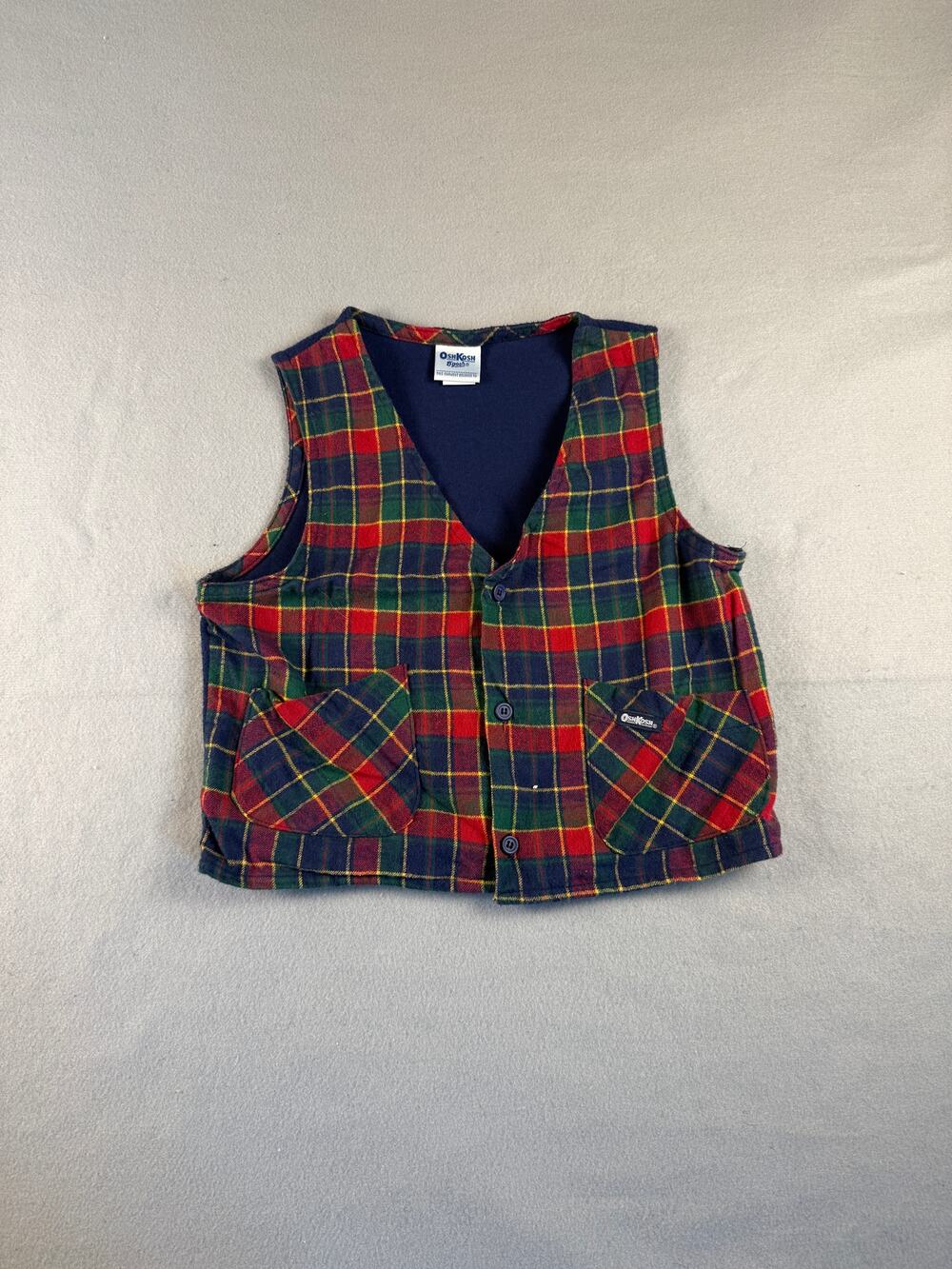 Vintage OshKosh B'gosh Vest Boys 7 Red Green Navy Plaid Flannel Classic USA Made